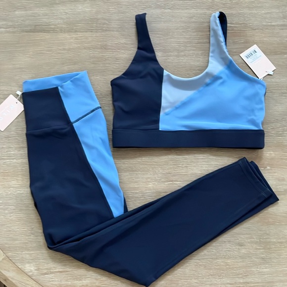 wilo Pants - Wilo Ribbed Blue Colorblock Bra and Leggings Set Small Large